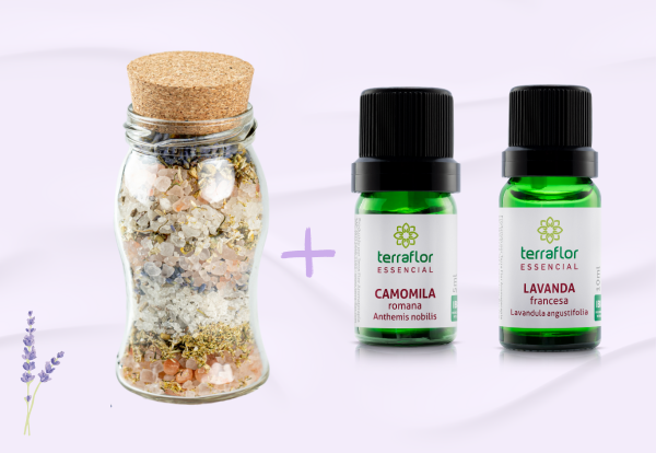 Kit Sal de Banho Terapêutico e Aromático Acalma a Alma & Óleo Essenciais de Camomila e Lavanda